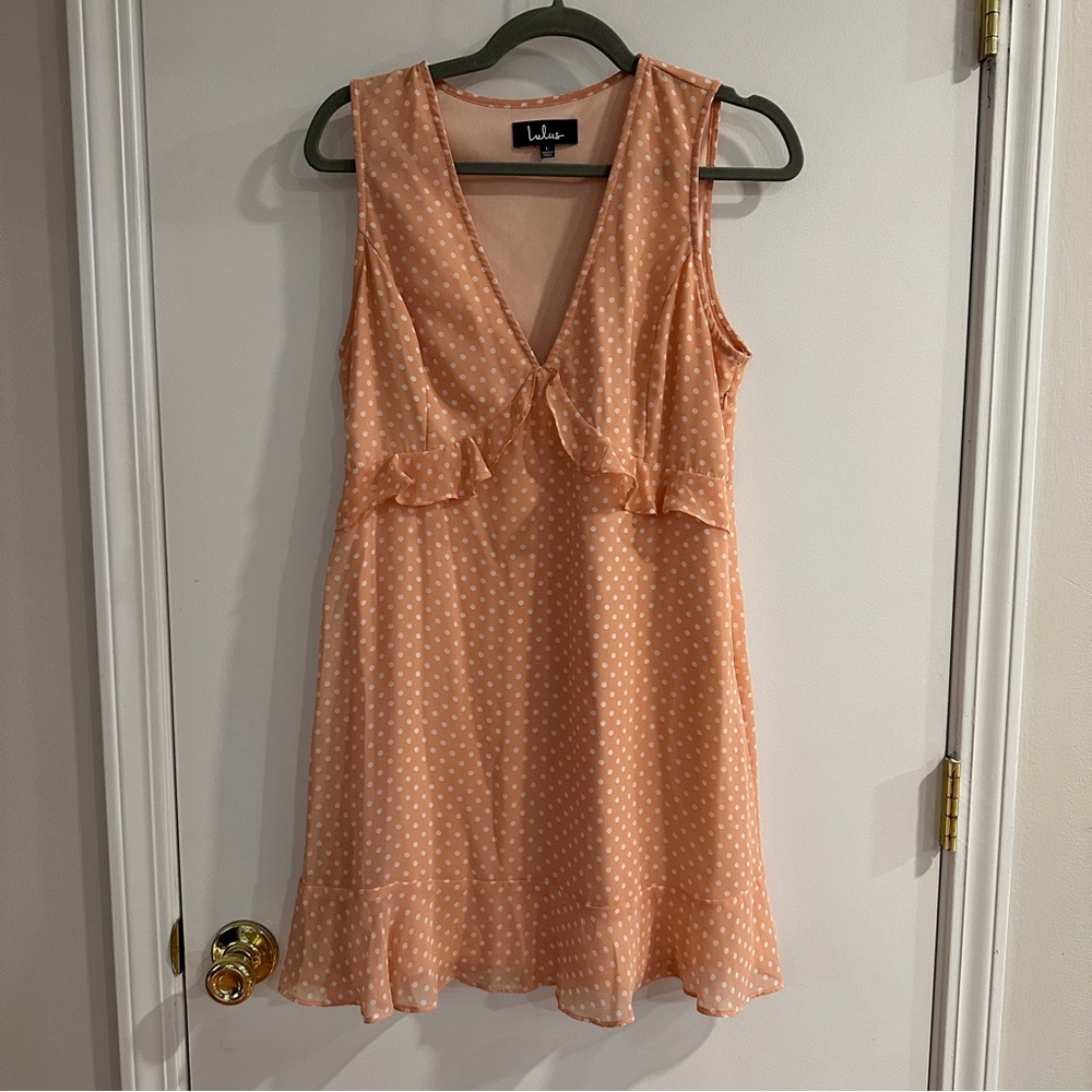 Peachy polka dot a-line dress LULUS